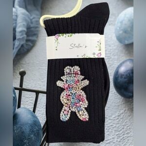 Easter bunny rabbit ribbed rhinestone beaded patch dress socks black pink new